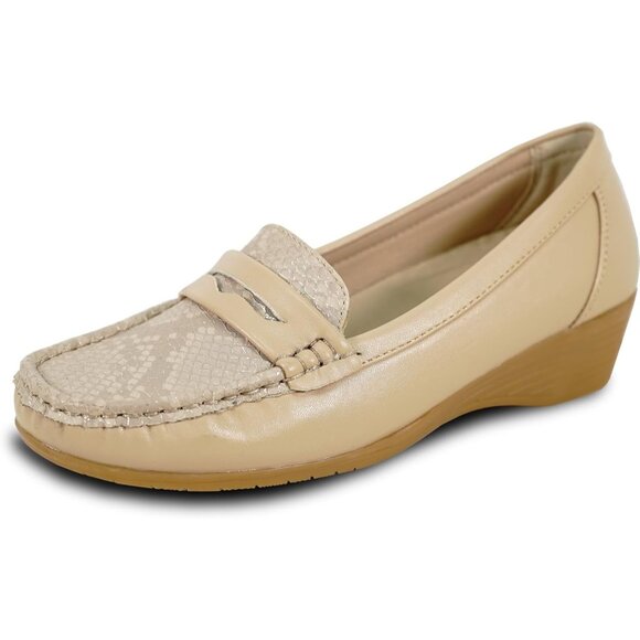 Women Champagne Faux Leather Round Toe Removable Insole Wedge Slip-On Loafer - Picture 1 of 8